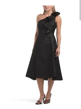 Rene Ruiz One-Shoulder Black Textured Ruffle Midi Dress
